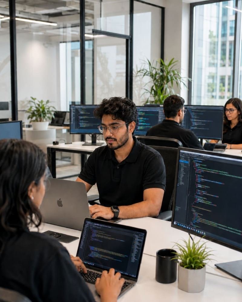 Developers pair-programming at their workstations