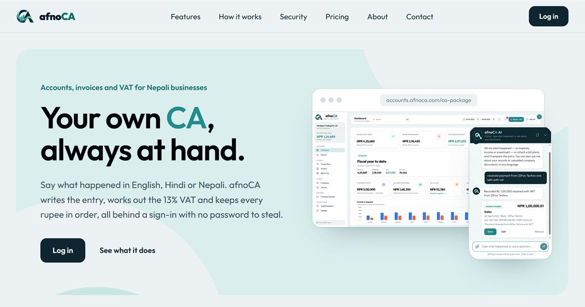 afnoCA accounting software for Nepal: dashboard with NPR balances, 13% VAT and the AI chat entry assistant