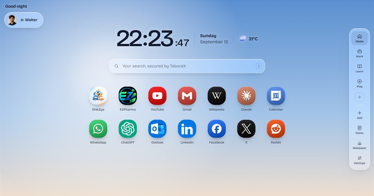 TaboraX new tab page with clock, weather, secure search bar, speed dial shortcuts and a live sky wallpaper