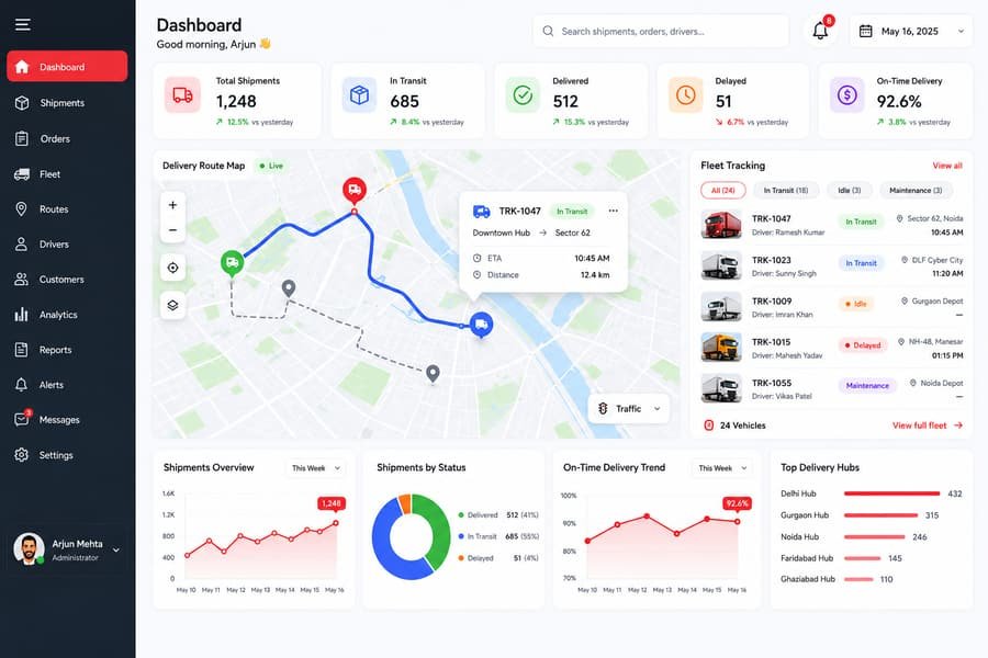 Fleet tracking dashboard showing live delivery routes and shipment status