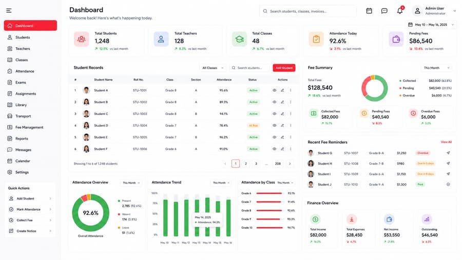 School ERP dashboard with student records, attendance, and fee summary