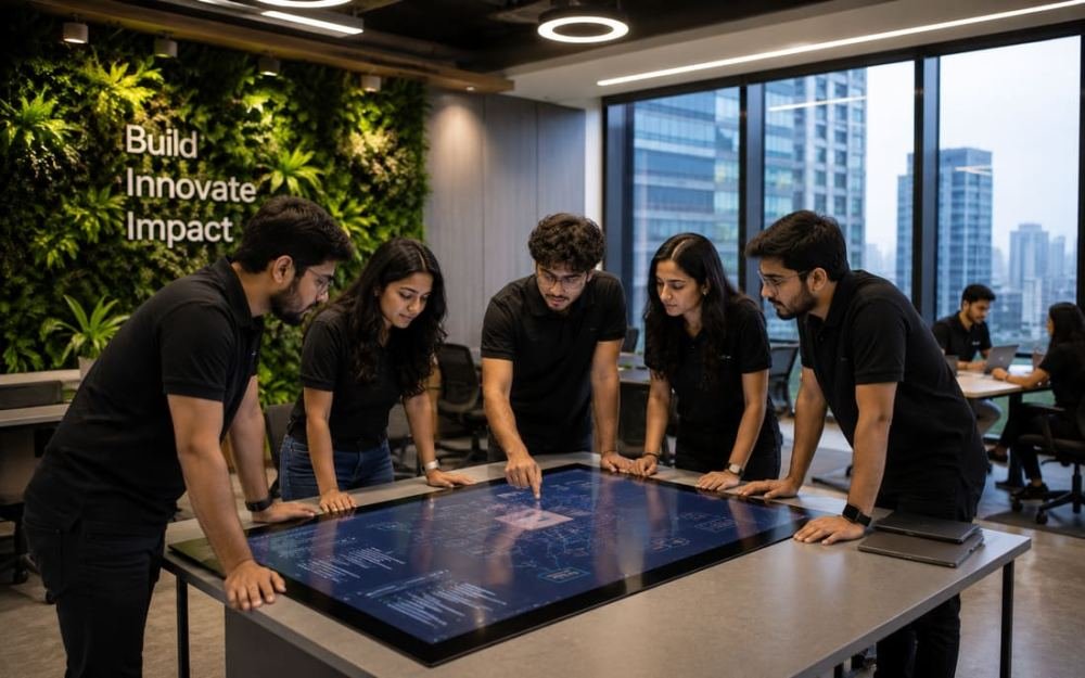 Team gathered around a digital planning board in the office